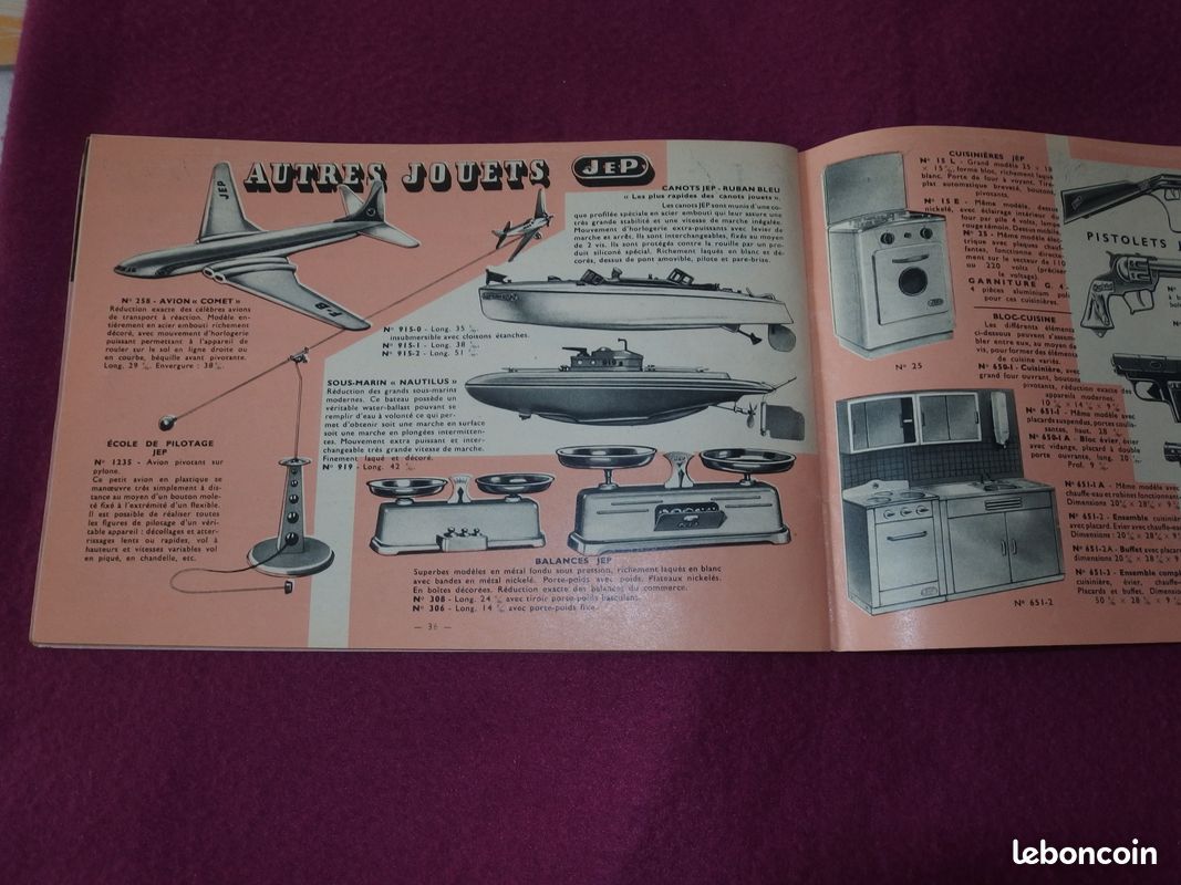 Catalogue JEP 1954 – Trains, Voitures, Avions, Bateaux, Sous-marins, Cuisinières – Époque 3