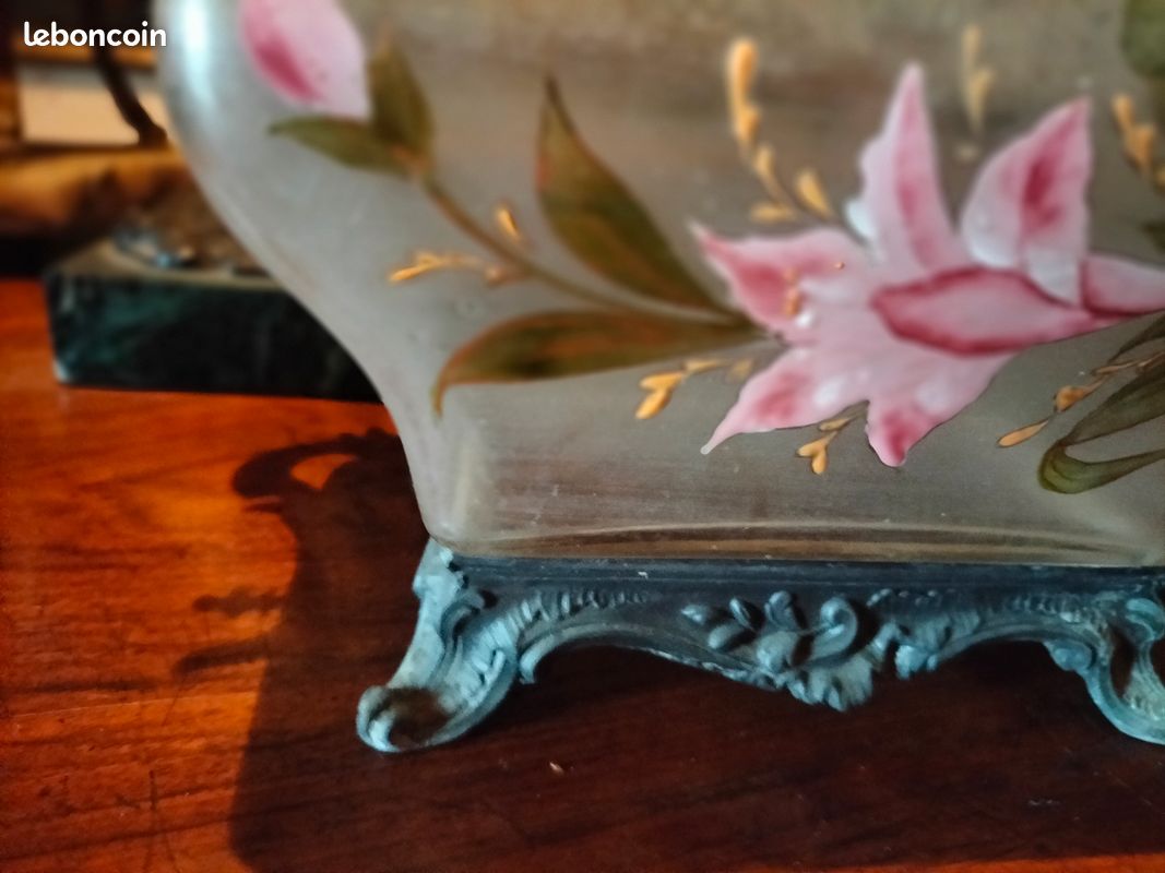 Magnifique Seau à biscuits en verre émaillé Legras pot rectangle monture Rocaille Louis XV / rare forme tombeau collection objet vitrine (image 5)