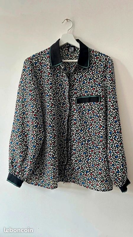 Blouse Ina chemise léopard abstrait multicolore transparente fluide 70 s pop - Très bon état rétro (image 1)