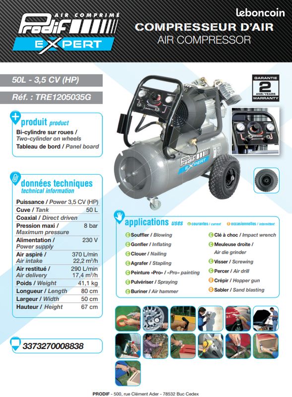 Compresseur coaxial 50l 3.5hp avec tableau de bord (image 1)