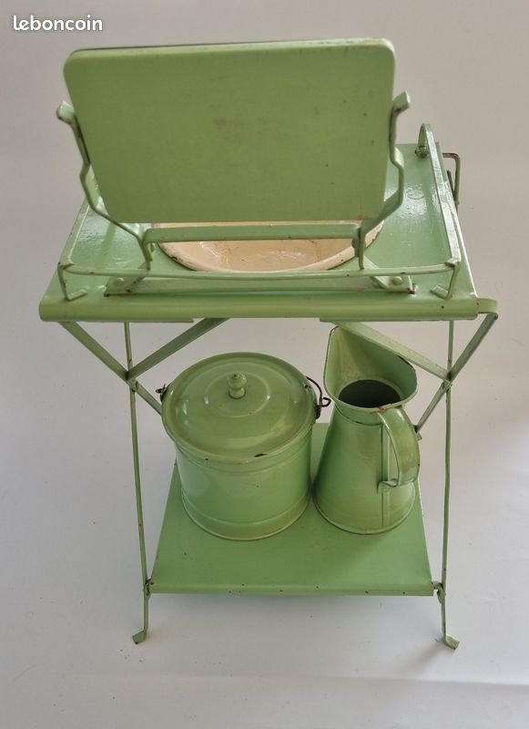 Service De Toilette De Poupée Ancien En Tôle émaillée - Dinette Vintage - Rare