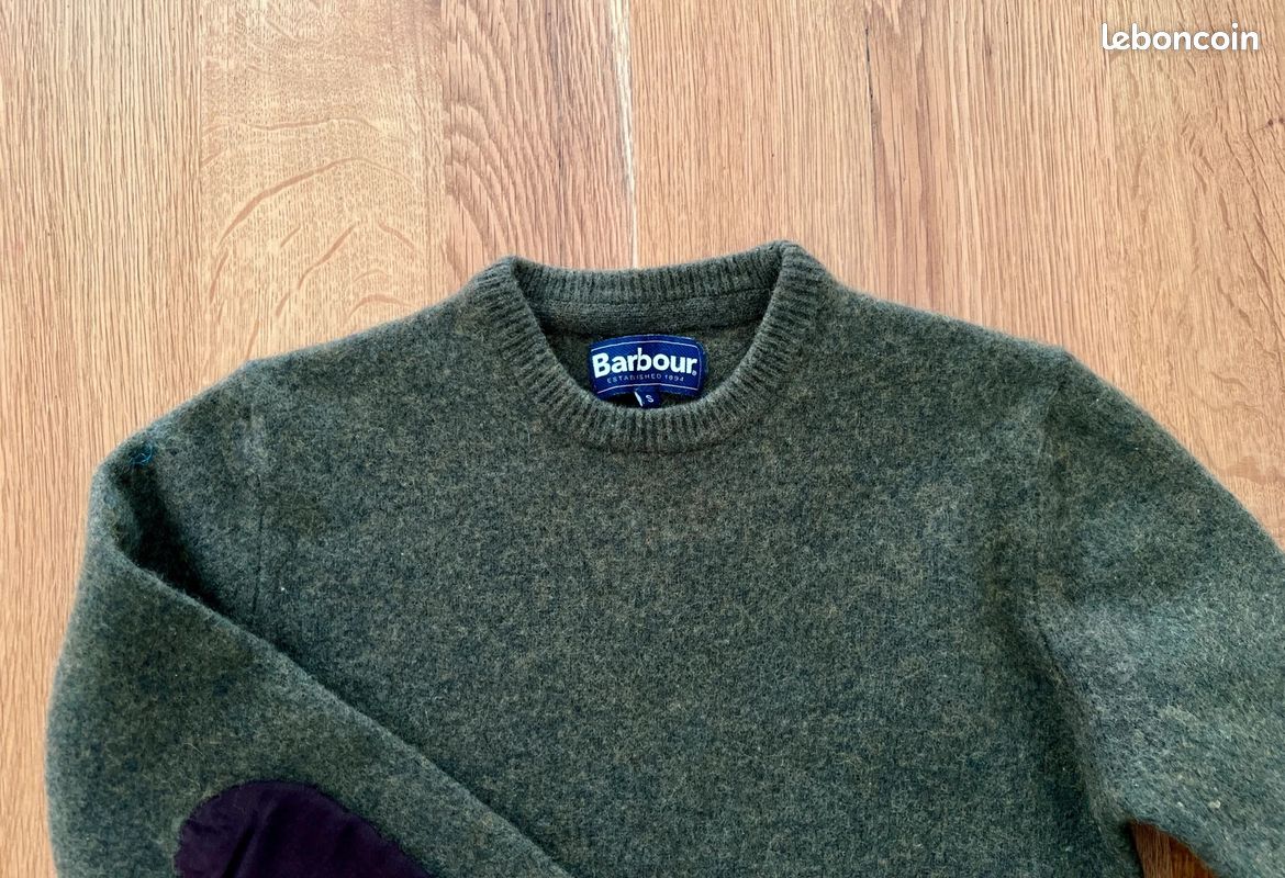 Pull Barbour Homme vert Olive 100% laine coudières marron Taille XS (image 2)