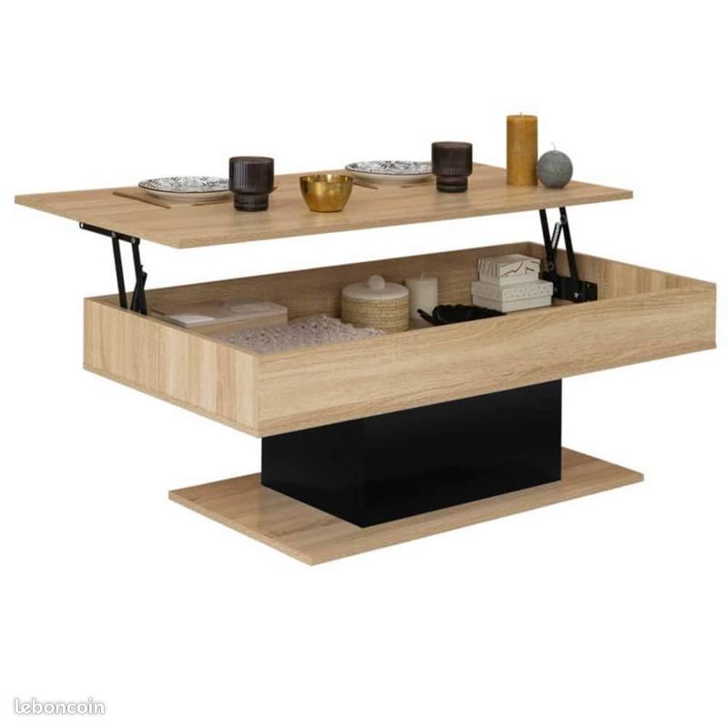 Table Basse Plateau Noir et Bois Relevable + Rangement Salon Salle à Manger (image 1)