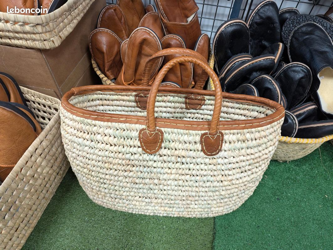 Panier à courses marché paille osier rotin palmier anses en cuir