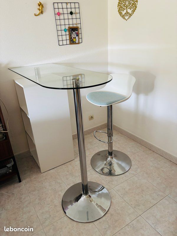 Table mange-debout verre + rangement + tabouret réglable (image 1)
