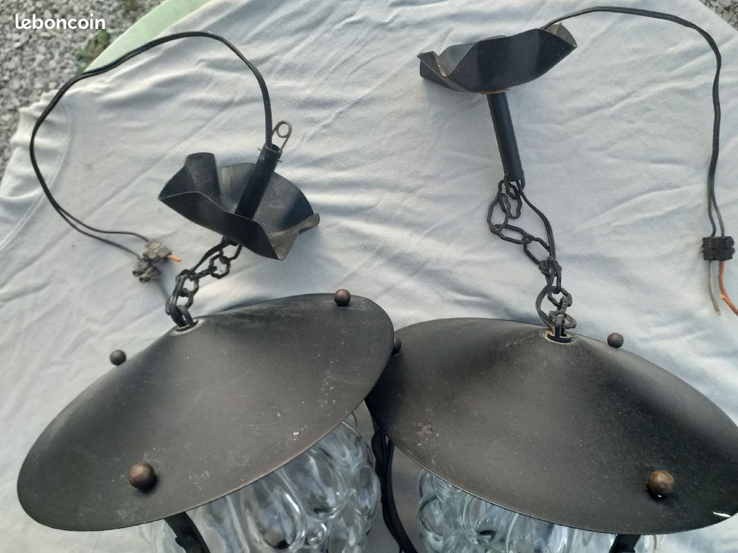 Suspension fer, globe verre martelé à bulles années 60/70 (image 3)