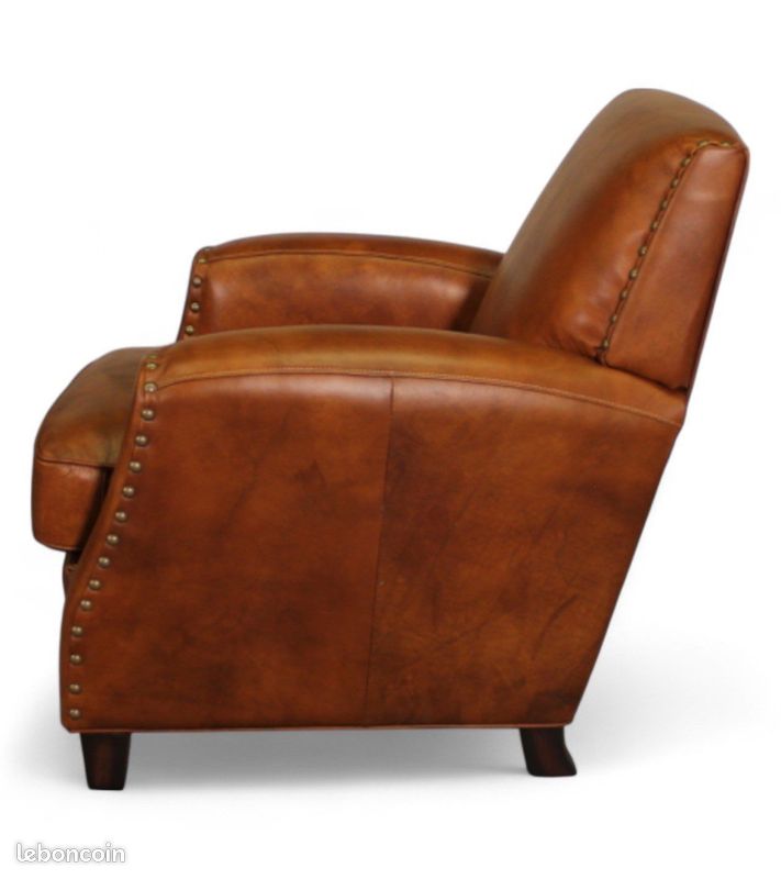 Fauteuil club cuir pleine fleur marron vieilli clouté – Henri (image 6)