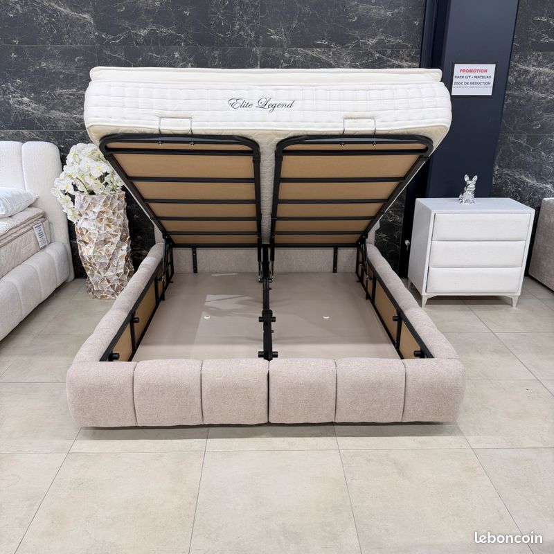 Lit coffre BUBBLE Dallas beige tissus chenille 160x200 avec sommier intégré et matelas en option 140x190 180x200 90x190 (image 5)