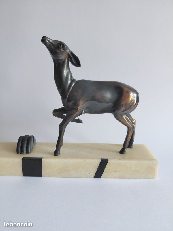 Statue Cerf Et Biche – Métal Et Marbre – 55x22x14cm – Fabrication Française