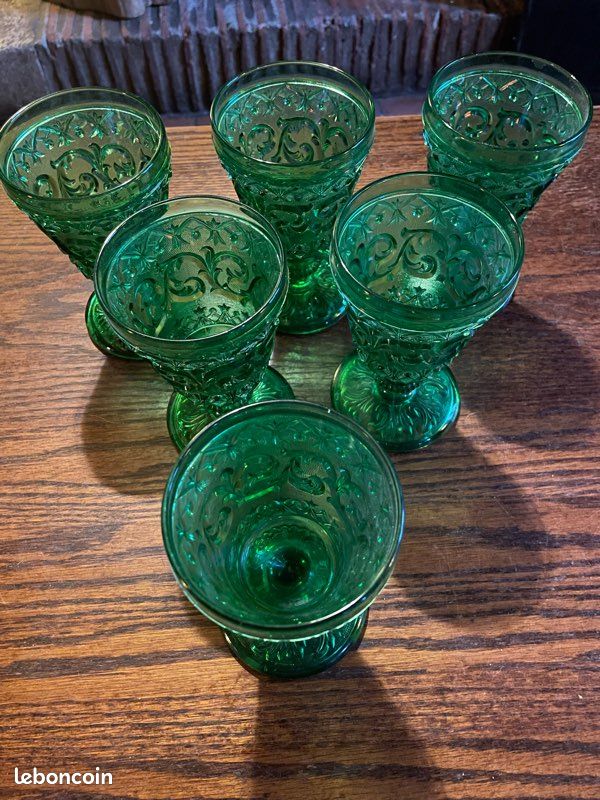 Lot De 3 Verres Baccarat Arabesque Uranium Vert - Années 1800, Excellent état