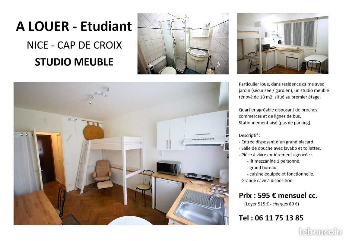 Appartement 1 pièce 18 m² · à Nice · 18 m² · 595 €/mois