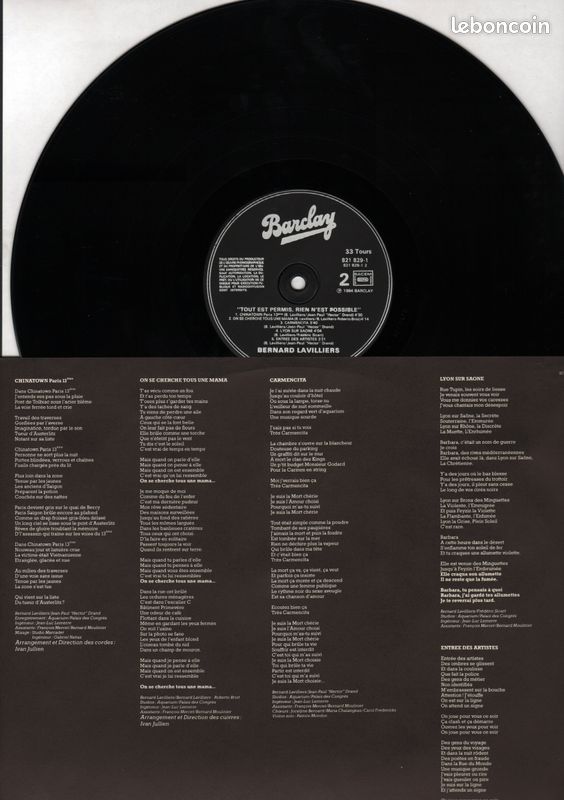 Bernard Lavilliers – Tout est permis, rien n’est possible - Vinyle Barclay 821 829-1 – BA-260, 1984 - Le bal – La fleur du mal – Des milliers de baisers perdus – Chinatown Paris 13° - Carmencita...etc (image 4)