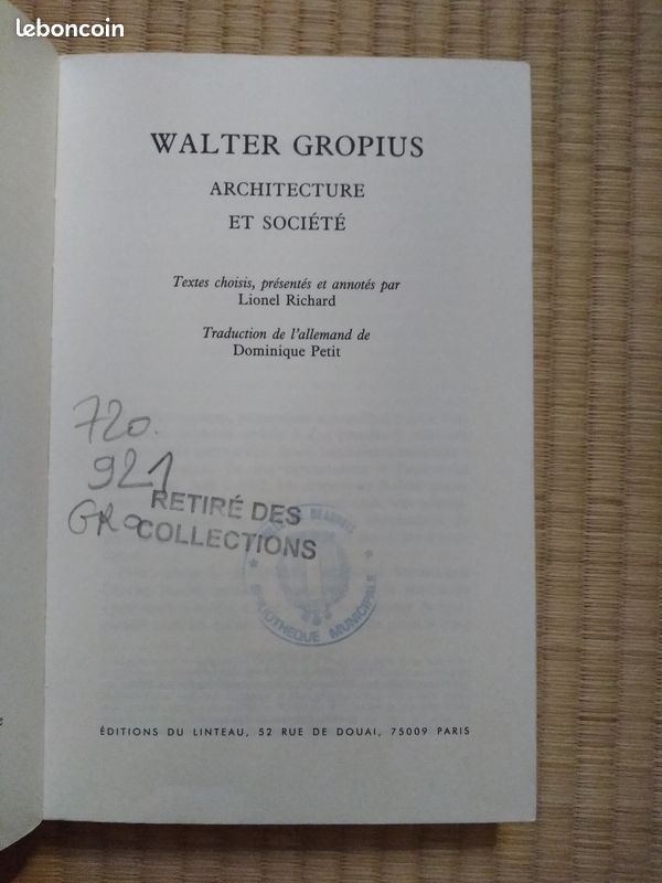 Livre essai architecture Architecture Et Societe Gropius (image 2)