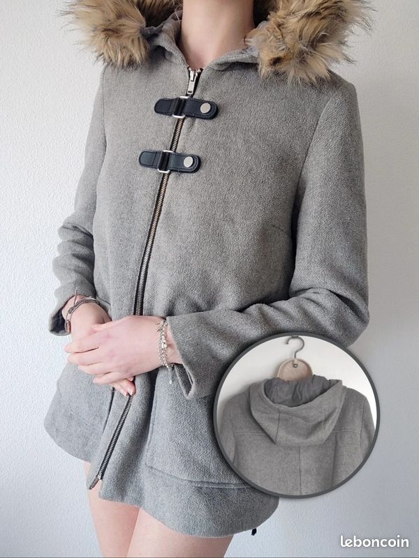 Manteau veste duffle-coat gris laine fourrure Jennyfer 38/M à