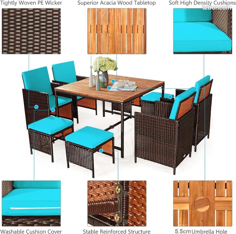 Salon de Jardin Encastrable Rotin Marron -Table Plateau Bois Acacia - Fauteuils - Tabourets - Coussins Turquoise Déhoussables (image 3)