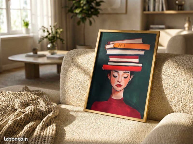 Toile affiche portrait femme livres tete rouge vert poetique retro art deco (image 3)