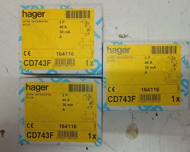 Interrupteur Différentiel HAGER CD743F - 230V, 40A, 30mA, Type A - Occasion