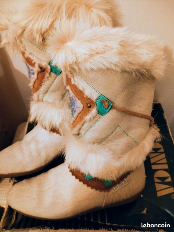 Bottes Vintage Tecnica Après-ski Pointure 39 - Cuir Brodé Crème - Fourrure - Fabriqué En Italie