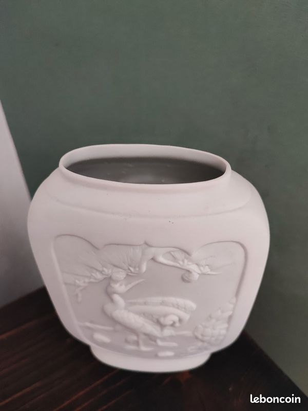 Ancien vase biscuit Marco Polo Sarreguemines, décor asiatique/ oiseau,af1604 (image 4)