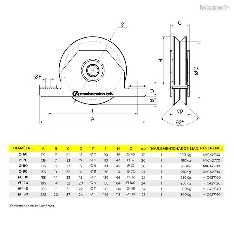 METALIDEAL | Galet Ou Roue De Portail Support Intérieur Diamètre 60mm Pour Rail Gorge V (image 2)