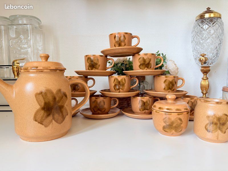 Service à café/thé Sarreguemines Trèfle en grès – 10 tasses – Vintage (image 2)