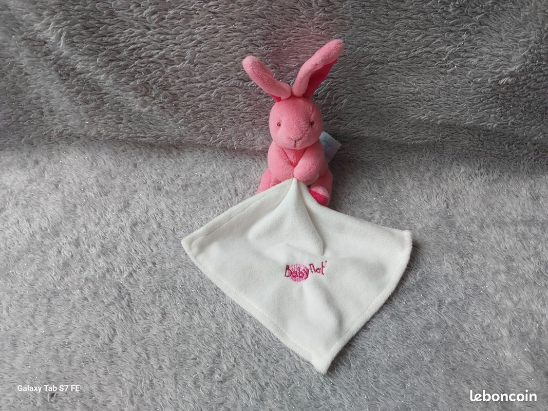 Doudou Plat Babynat Baby Nat - Lapin Poupi Rose/blanc, Attache Tétine (neuf)