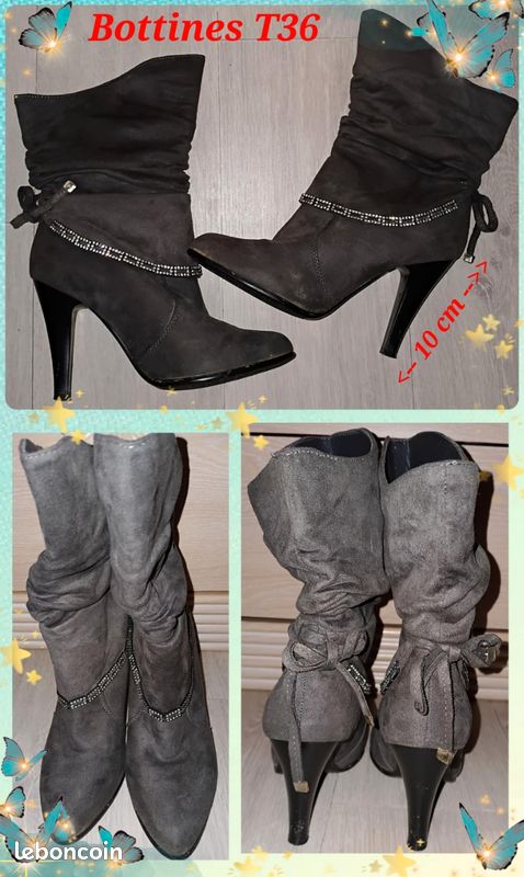 Bottines Grises En Suedine à Talon Aiguille Pointure 36 - Fermeture Zip, Style Bottillon