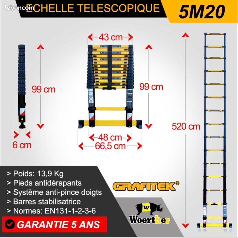 Echelle télescopique, 5m20 Woerther – Qualité supérieure – Garantie 5 ans (image 2)