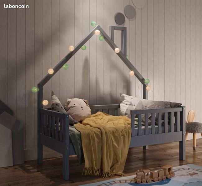 Lit montessori lit enfant 70x140 cm gris lit cabane lit maison en pin massif avec sommier à lattes (image 2)