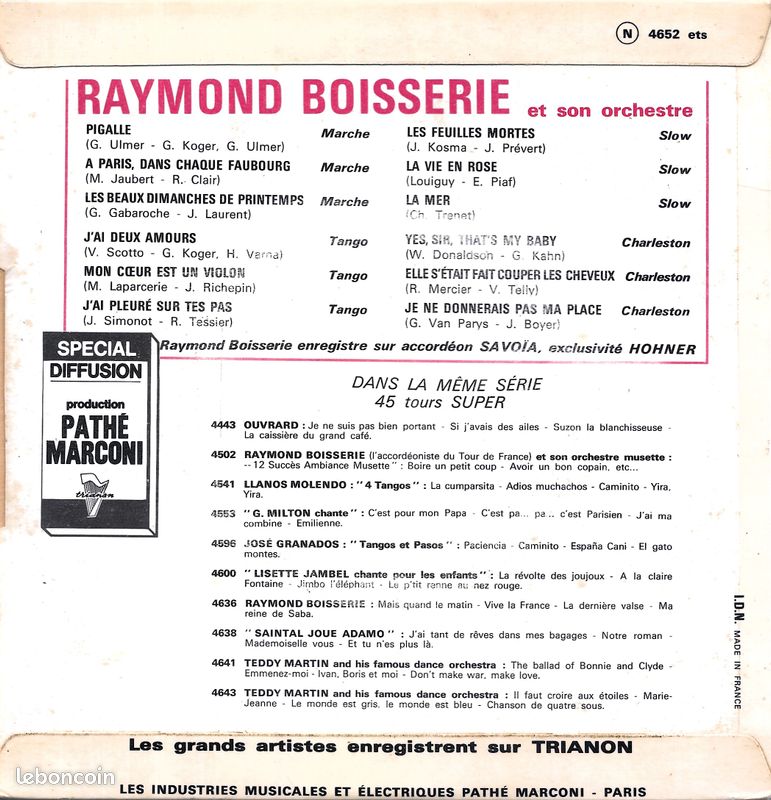 Raymond Boisserie (Accordéon) en Public - 12 Succès Pour Danser [Vinyle 45 tours 7" EP] (image 2)