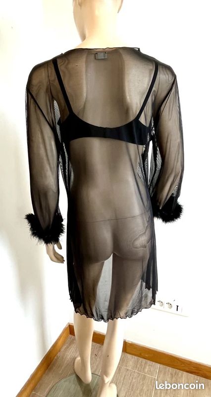 Kimono T40/42 peignoir voile noir transparent Orcanta poignets à plumes 607/ (image 5)