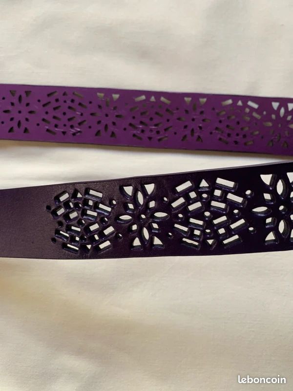 Ceinture ajourée fleurie bicolore violet/prune 95cm — neuve (image 2)