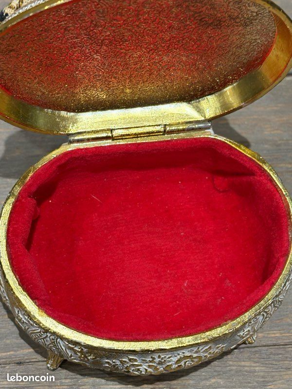 Boîte à Bijoux Ancienne En Métal Doré Et Tissu - Forme Octogonale - Vintage à Retaper