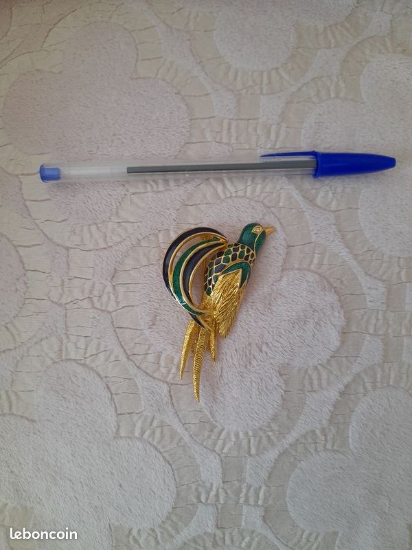 Broche Oiseau Vintage - Métal Doré Avec émail Vert Et Bleu - Bijou Fantaisie Cadeau