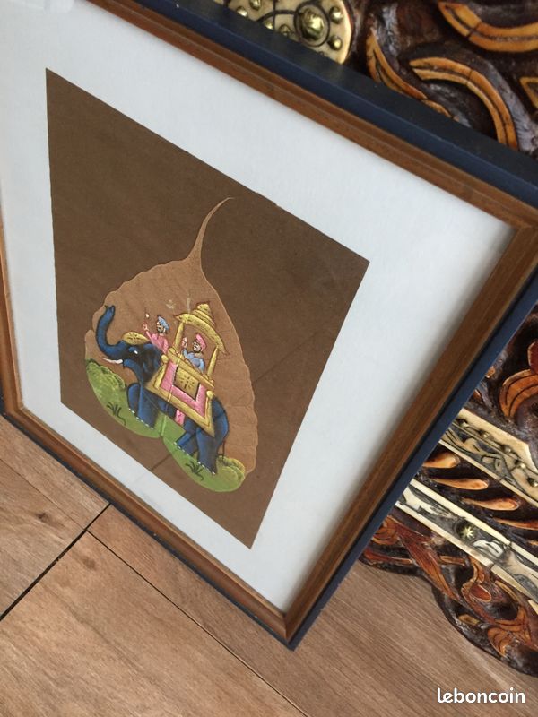 Tableau Peinture sur feuille de Figuier Séchée Oriental-insolite-Inde-populaire-persan-tibet-asie-asaitique-décoratif-vintage-art-artisanal- (image 7)