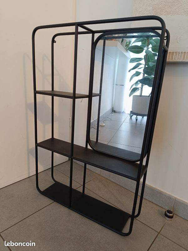 Étagère murale noire avec miroir à poser ou à fixer H76xL51xP12cm (image 1)