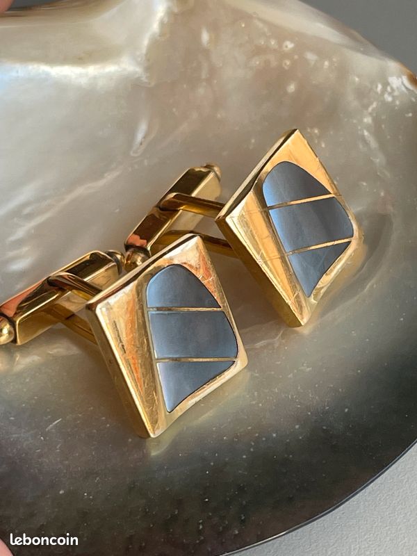 Boutons De Manchette En Or 9 Carats - Onyx Noir Et Nacre - Poinçon Sheffield, Occasion Très Bon état