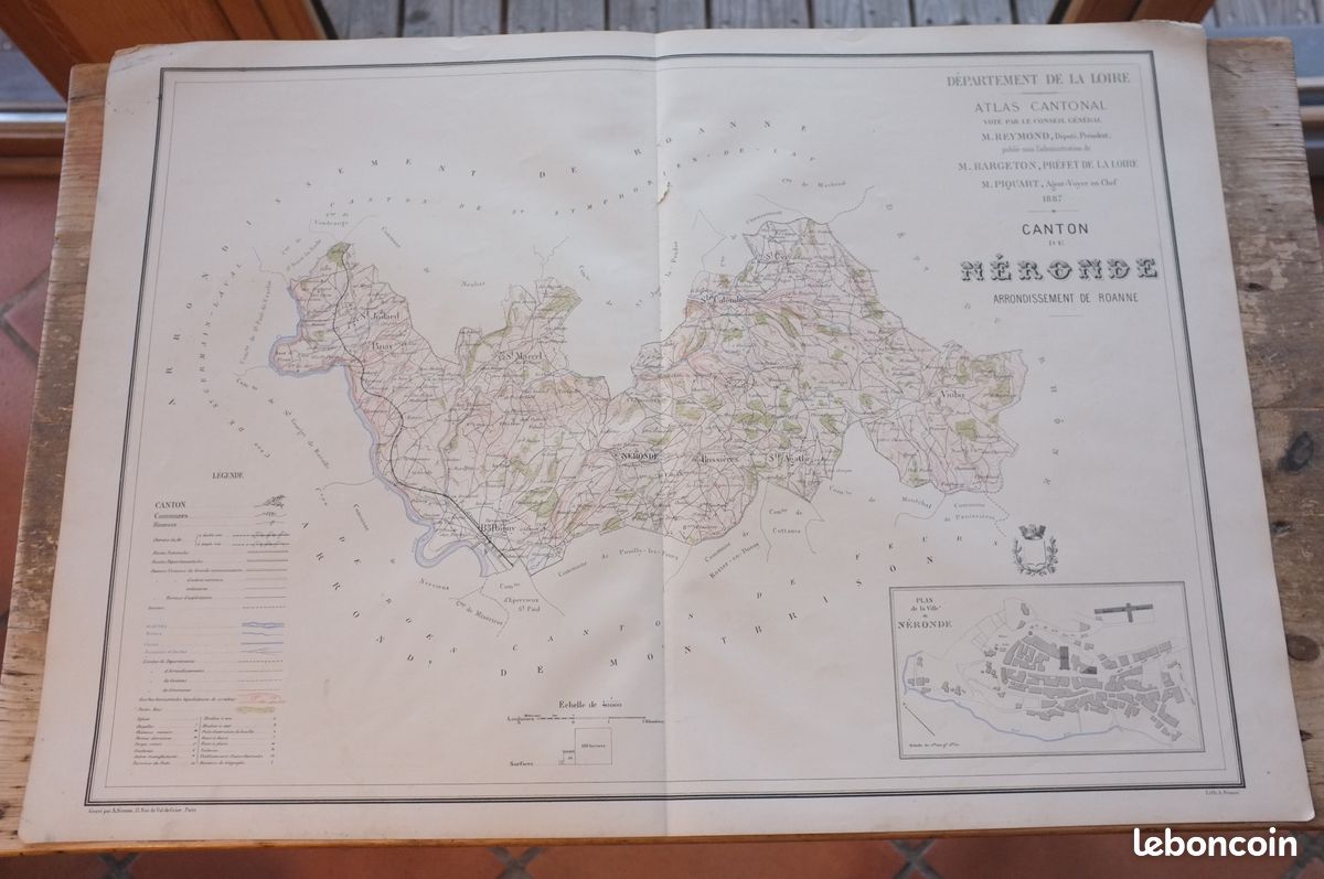 Atlas cantonal Loire 1887 carte Balbigny, Néronde, Bussières, Violay