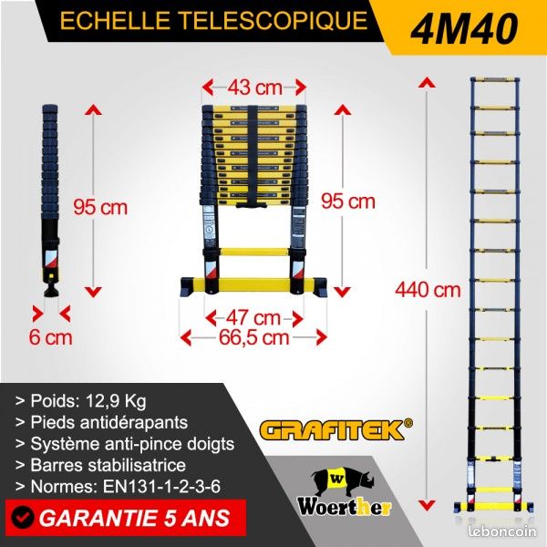 Echelle télescopique 4m40 Woerther – Garantie 5 ans - Woerther, N°1 en France de l'échelle et de l'escabeau télescopique (image 2)