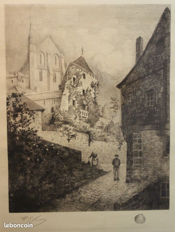 Gravure de la grande rue et du réfectoire du Mont Saint-Michel part Henri Léon VOISIN (image 2)