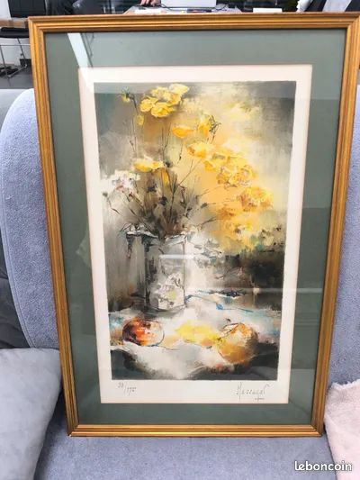 Tableau Lithographie originale, signé Messager milieu XX ème " Nature morte aux fruits" (image 1)