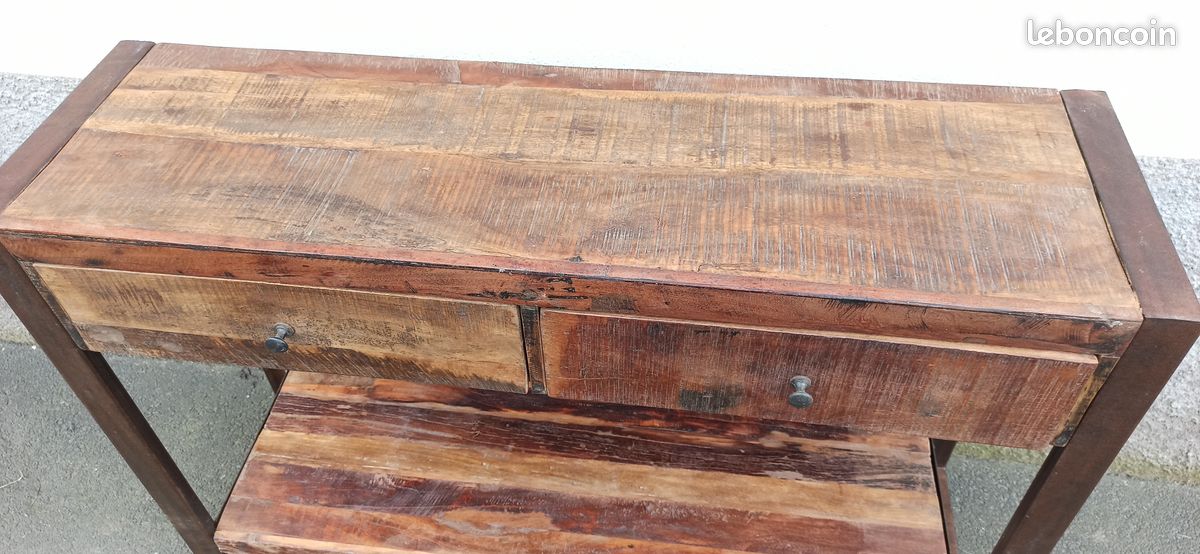 Console en bois ancien avec pieds métal 2 tiroirs (image 7)