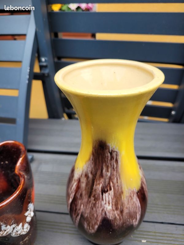 Vase Céramique Vallauris Années 1950 - Multicolore Intérieur Jaune - Artisanat D'Art