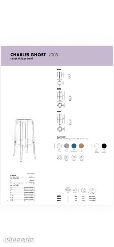 Lot de 2 tabourets KARTELL Charles Ghost 75cm très bon état (image 3)