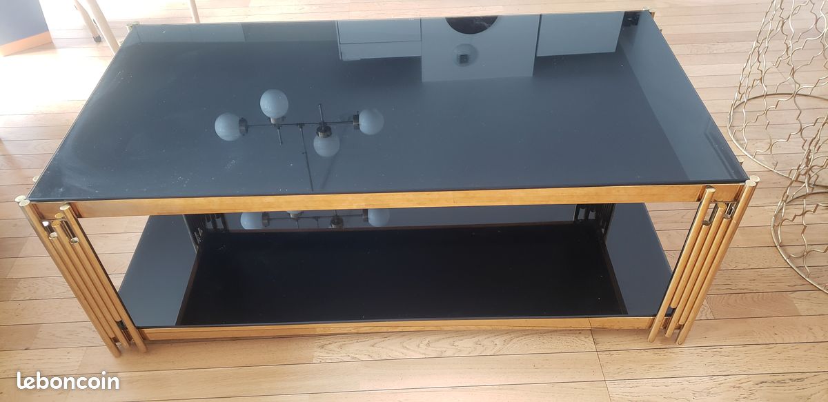 Table basse verre noir métal doré (image 1)