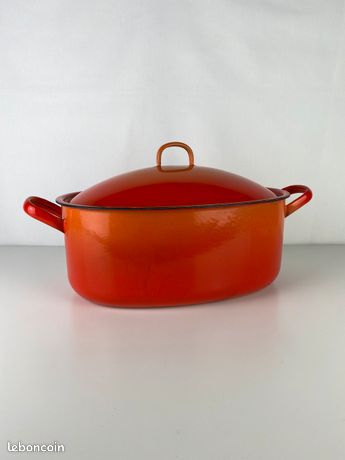 Ancienne Cocotte En Tôle émaillée Orange - Petit Faitout Marmite Vintage - Fabriqué En France