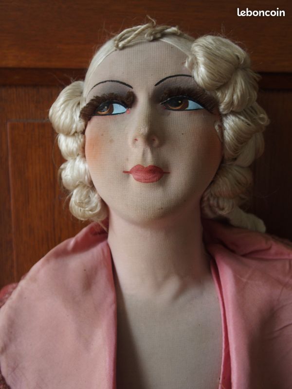 Lot Rare De 2 Têtes De Poupée De Salon – Années 1930 – Tissu Paillettes – 10 Cm – Mode