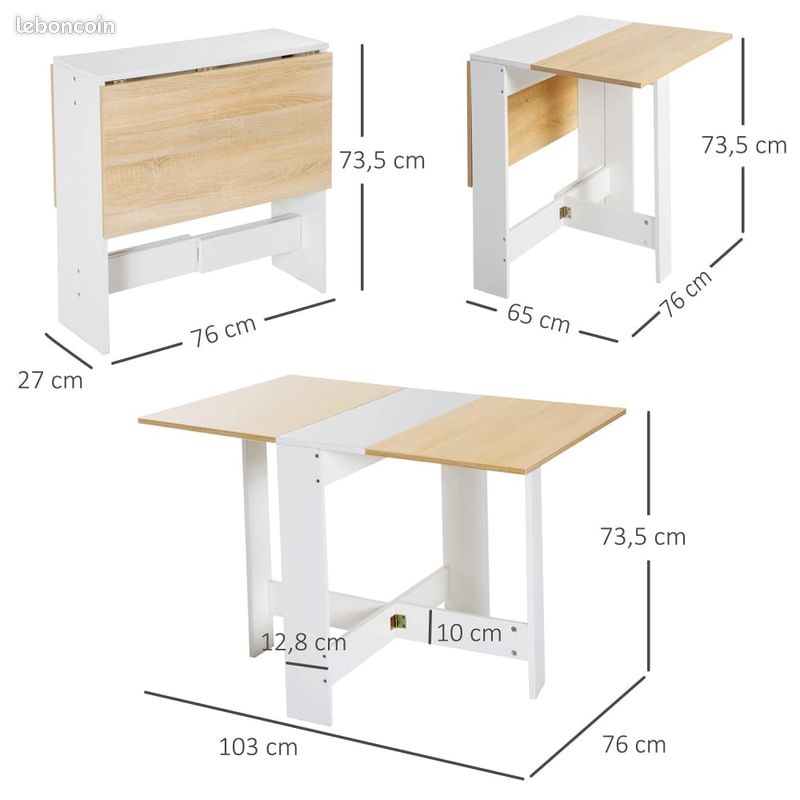 Table à Manger Pliable Blanc + Bois Cuisine 103cm (image 2)