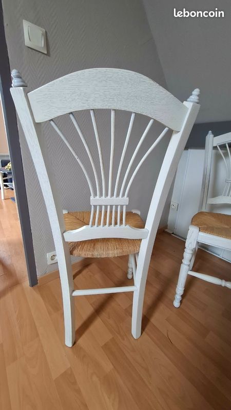 Lot de 4 chaises en bois, assise paillée, blanc/ liseré ciel (image 4)