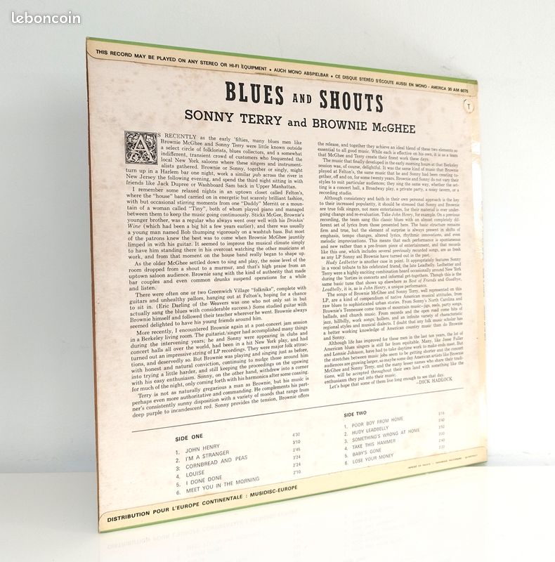 Sonny Terry & Brownie McGhee disque vinyle 33 tours LP : Shouts & Blues (image 2)
